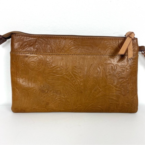 Margot Cognac Brown 100% Leather Large Wristlet Leaf Paisley Pattern 9.75x6 in. - Picture 2 of 12